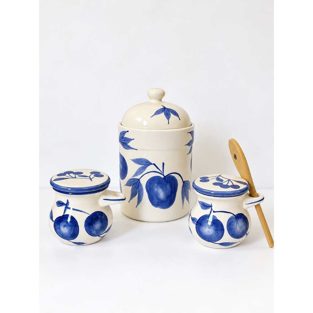 Williams Sonoma Blue White Ceramic Canister Set 3pc Cottagecore Farmhouse